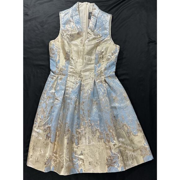 Vince Camuto Metallic Brocade Fit & Flare Dress Blue Gold Sleeveless Size 2 - Picture 5 of 12